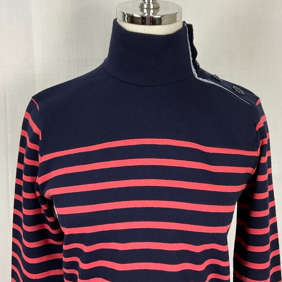 J.Crew Striped Knit Pullover Button Shoulder Navy & Pink Mockneck Sz XXS NWT - Picture 2 of 6